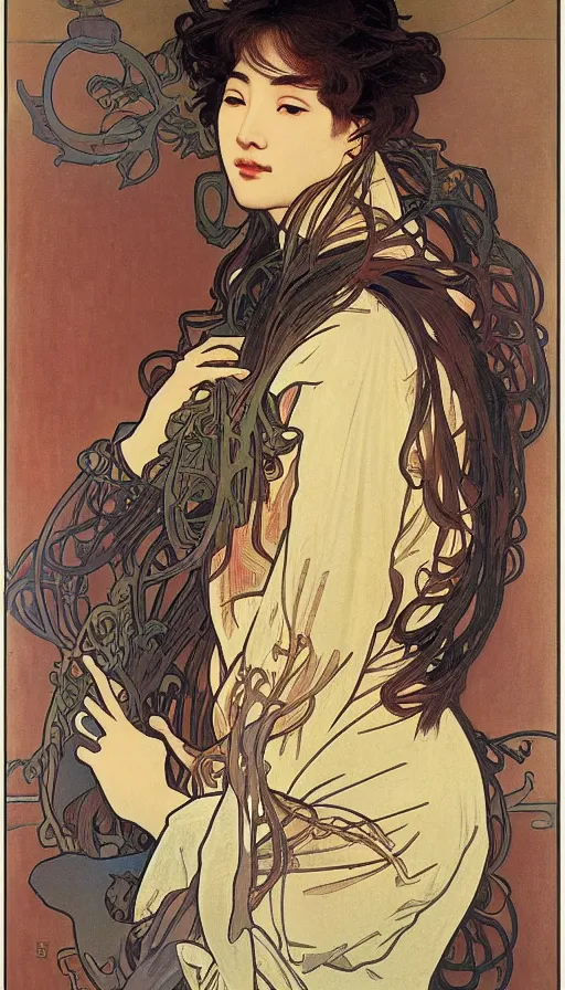 Image similar to portrait of cai xukun by alphonse mucha, james jean, manuel sanjulian, sharp focus, illustration