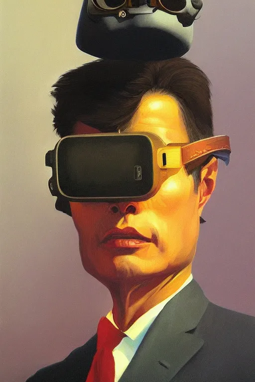 Image similar to sathoshi nakamoto wearing oculus and bitcoin over his head edward hopper and james gilleard, zdzislaw beksisnski, higly detailed