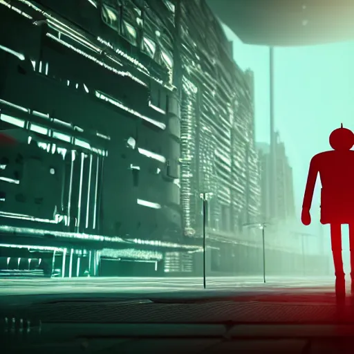 Prompt: photo of a lone android walking in a futuristic city in a dystopian future made of electronic components and looks like a giant pcb board. Very detailed 8k. Unreal engine 5 render with nanite, global illumination and path tracing. Cinematic post processing. Emphasize on the colors black and red.