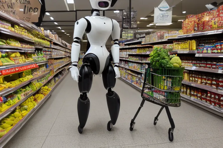 Image similar to photojournalism of sleek humanoid robot walking out of grocery store carrying grocery bags