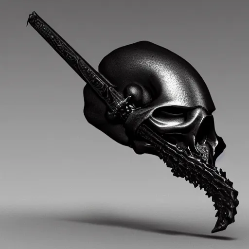 Image similar to a black sword skull handle, ornament, weapon, a 3 d render by dom qwek, studio lighting, front side view, trending on polycount, hard surface modeling, rendered in maya, 3 ds max, blender, artstation hd, vray