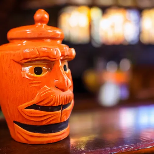 Image similar to a closeup photorealistic photograph of an orange cat garfield style tiki mug at a trader vic's bar featuring garfield's face. tiki theme. bright scene. fine detail. this 4 k hd image is trending on artstation, featured on behance, well - rendered, extra crisp, features intricate detail, epic composition and the style of unreal engine.