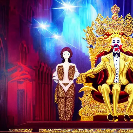 Image similar to anime of a shining majestic throne made of millions of diamonds, gold and zaphires with thousands of light reflections, and a clown on a tuxedo suit is sitting on the throne while handing a golden balloon, dramatic light