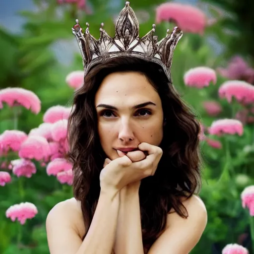 Prompt: photo of the beauty gal gadot, she is posing while maintain a sweet eye contact to the camera, she has a crown of flowers, the photo was taken at sunset with a bokeh effect, photo by iris edward steichen, photorealistic, matte painting, hyper realistic, 4 k, 8 k, cinematic composition, hd, highly detailed, trending on artstation