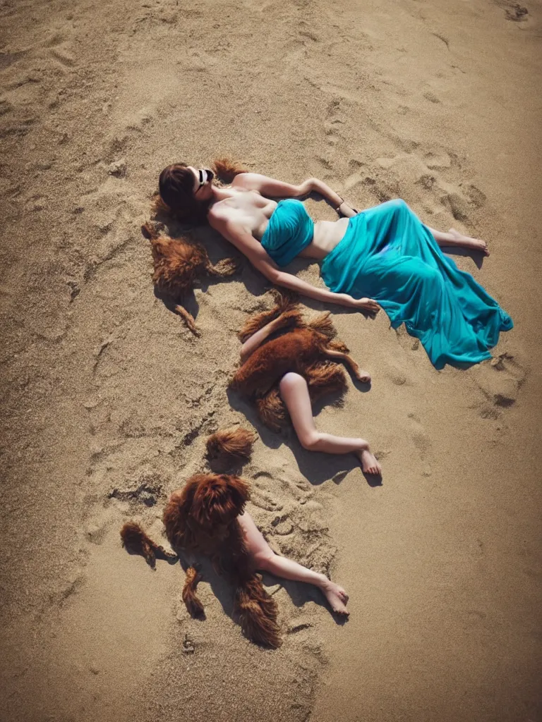 Prompt: a woman sitting on the beach with a dog, a stock photo by oleg oprisco, shutterstock contest winner, romanticism, stock photo, stockphoto, sunrays shine upon it