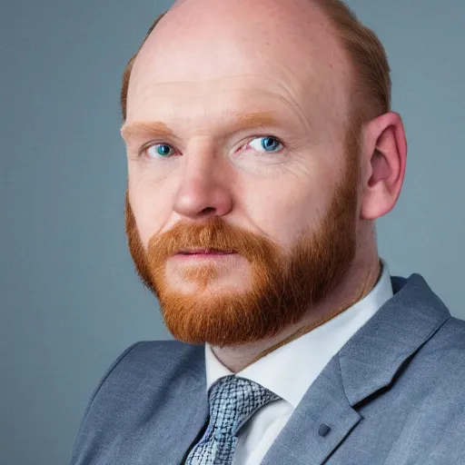 Image similar to Blue eyed ginger balding middle aged man with stubble, corporate portait, headshot, profile