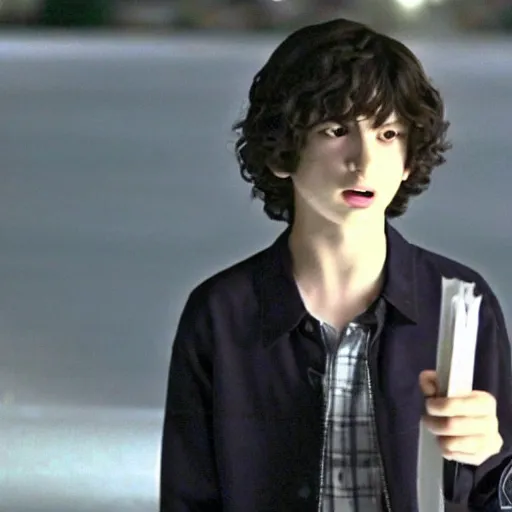 Image similar to a screenshot of finn wolfhard as l in death note ( the anime ) ( 2 0 0 6 ), anime, vhs quality