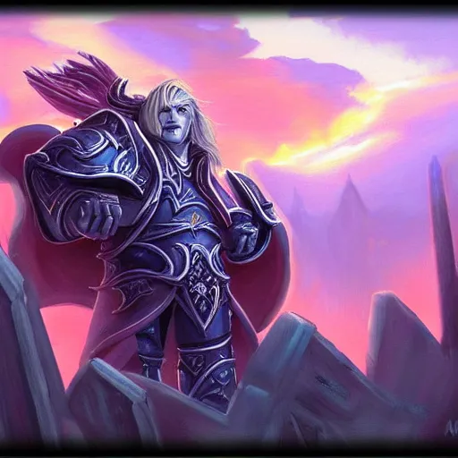 Image similar to painting of arthas from world of warcraft!!!!!, watching a purple and orange sunset!!, from the black mage cemetery!!!, in the style of justin gerard!!!!