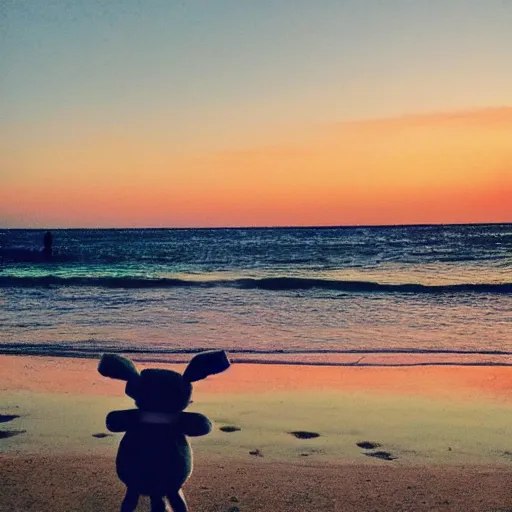 Prompt: a cotton-headed ninny-muggins is hanging out at the beach at dusk