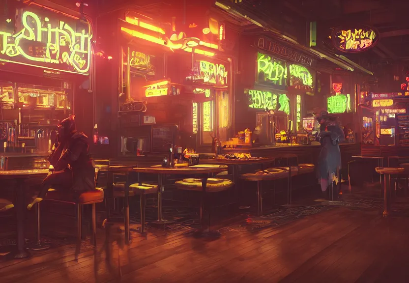 Image similar to a smug male goblin punk sitting in a cafe in a cyberpunk city, sharp focus, highly detailed face, 8k, unreal engine 5, cinematic lighting, vivid elegant fantasy concept art, character art, stern neon atmosphere, artstation, deep complimentary colors, volumetric lighting, photorealistic, hyperdetailed 3D matte painting, hyperrealism, hyperrealistic masterpiece