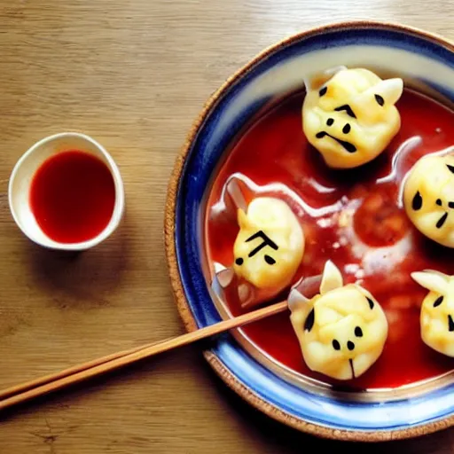 Prompt: anime dumplings with chilli sauce made by hayao miyazaki, ghibli art style