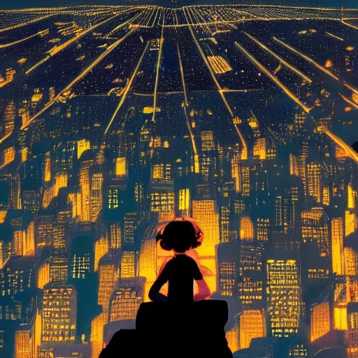 Image similar to a girl sitting on a hill watching the night view of a busy city from a distance, by Victo Ngai, artstation, Detail, HD