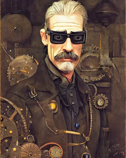 Prompt: Portrait steampunk Sam Elliott wearing safety goggles and black coat by charlie bowater elina brotherus greg rutkowski Dan Witz paul klee jamie wyeth victo ngai