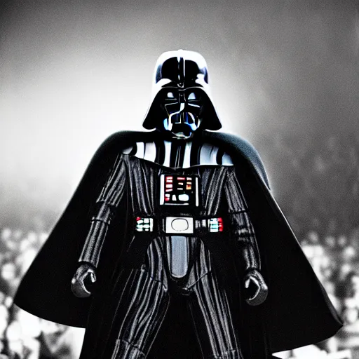 Image similar to 3 5 mm macro photograph of darth vader at an oasis concert