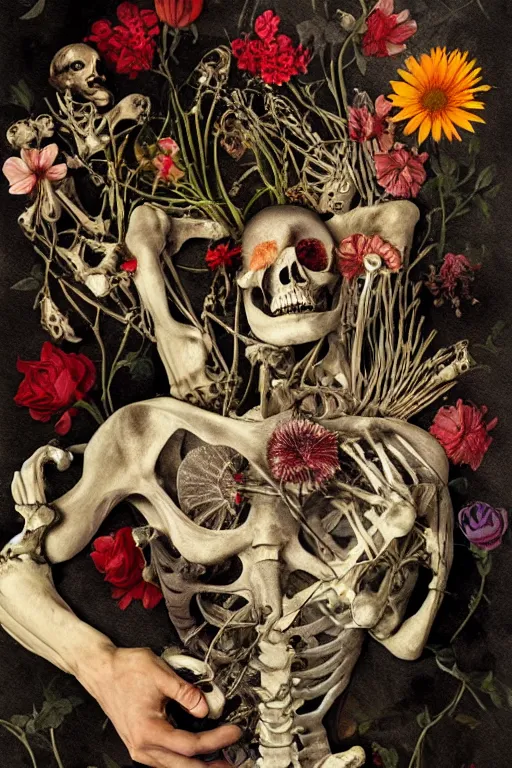 Image similar to a man lying in flowers and bones, he has large eyes and lips and feels an existential dread of love, surrounded by IV bags, HD Mixed media collage, highly detailed and intricate, surreal illustration in the style of Caravaggio, baroque dark art