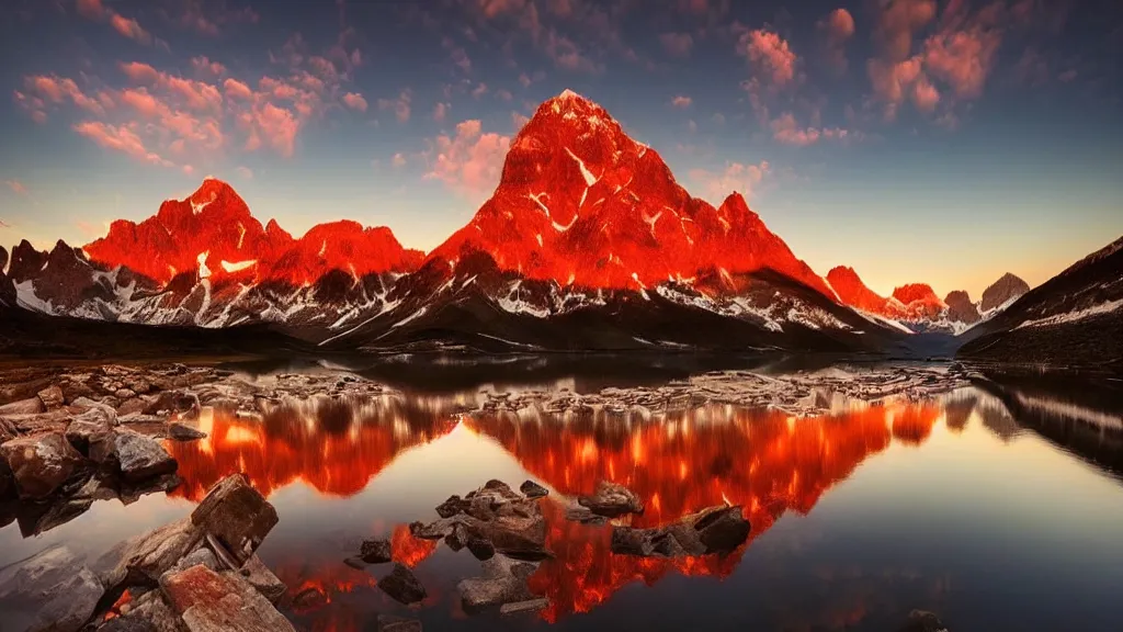 Image similar to amazing landscape photo of mountains with lake in sunset by marc adamus, beautiful dramatic lighting