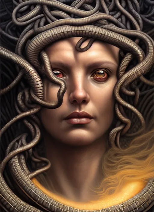 Prompt: closeup portrait shot of a medusa in a scenic dystopian environment, intricate, elegant, highly detailed, centered, digital painting, artstation, concept art, smooth, sharp focus, illustration, artgerm, tomasz alen kopera, peter mohrbacher, donato giancola, joseph christian leyendecker, wlop, boris vallejo