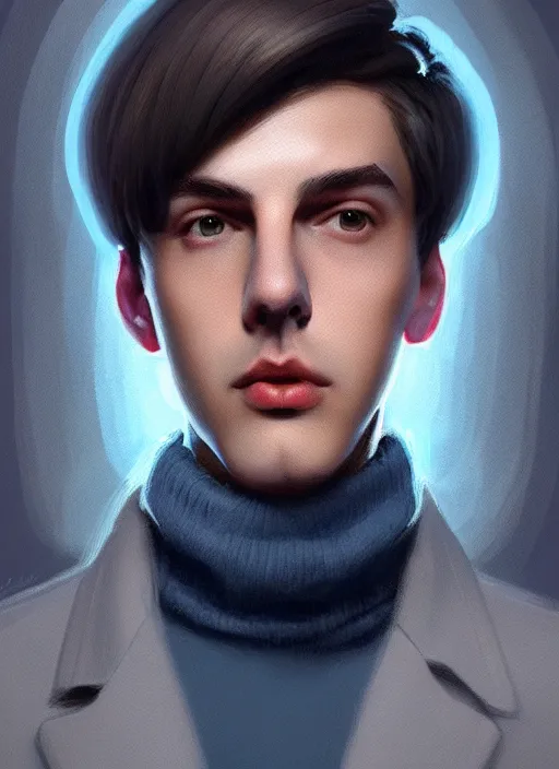 Image similar to portrait of teenage jughead jones, wearing a light grey crown, light grey crown, blue turtleneck, 1 9 5 0 s, intricate, elegant, glowing lights, highly detailed, digital painting, artstation, concept art, smooth, sharp focus, illustration, art by wlop, mars ravelo and greg rutkowski