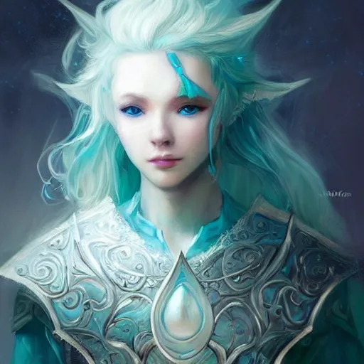 Image similar to handsome male snow elf in a turquoise cape and silver ornate armour as an archer, albino skin, pointed ears, ethereal opalescent mist, moonlight snow, fantasy art, perfect face, elegant, very coherent symmetrical artwork, atmospheric lighting, rule of thirds, by wenjun lin, krenz cushart, charlie bowater, trending on artstation