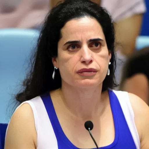 Prompt: Ayelet Shaked sad and hopeful, in a white tank top, smooth skin, symmetrical face. hd.