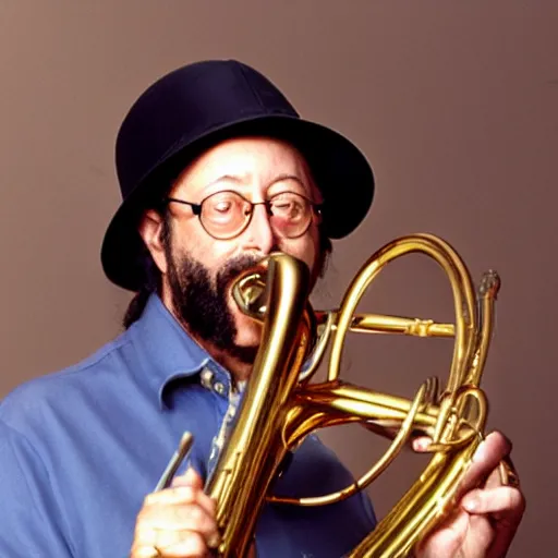 Prompt: photo of chuck mangione hugging his flugelhorn