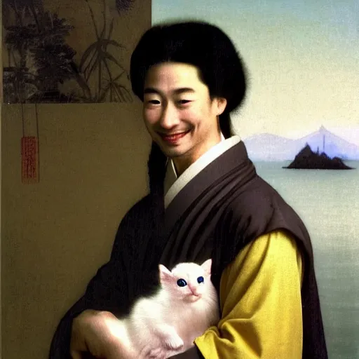 Image similar to A beautiful young Asian man with long shiny hair, light skin color and big green eyes in a beautiful traditional Chinese robe, holding a white fluffy kitten and watching dolphins playing in the pool, he is a prince and a serious person but is smiling, by Johannes Vermeer, Frank Frazetta and William Adolphe Bouguereau, fantasy, trending on artstation, amazing details, mtg, digital painting, concept art