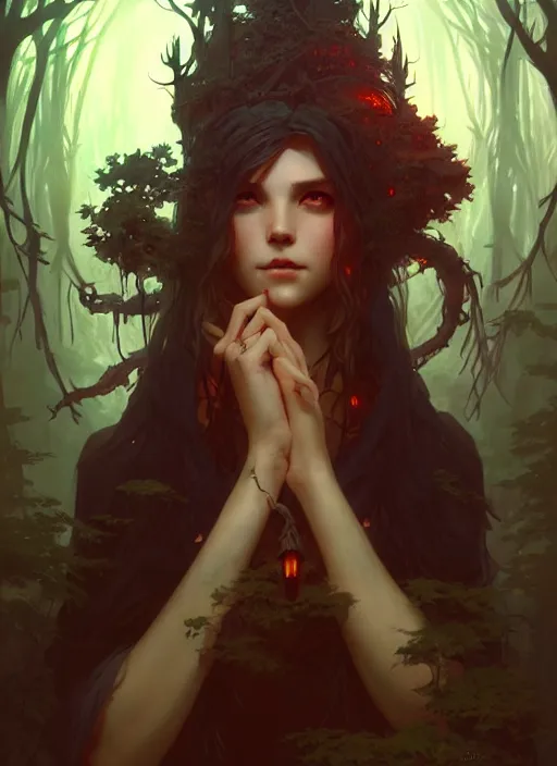 Image similar to a cinematic Necromancer, fantasy forest landscape, fantasy magic, dark light night, intricate, elegant, sharp focus, illustration, highly detailed, digital painting, concept art, matte, art by WLOP and Artgerm and Greg Rutkowski and Alphonse Mucha, masterpiece