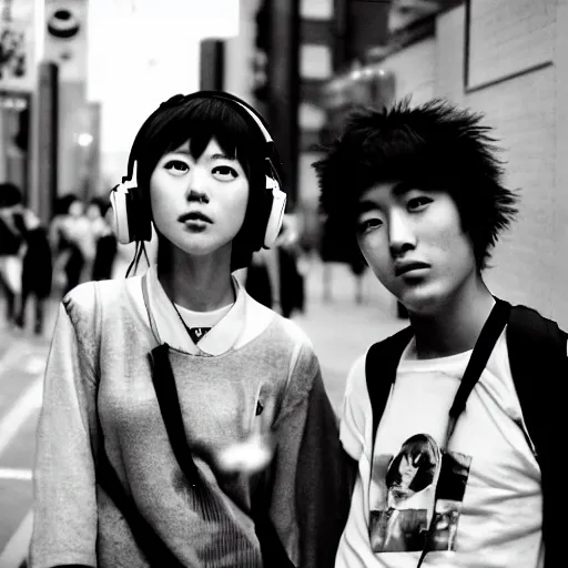 Image similar to Japanese teenagers male and female, street photography in the 80s, economic boom, punks, highly realistic, photography, photorealistic, Tokyo, fashion, wearing Sony Walkman and headphones