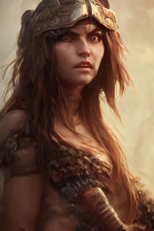 Image similar to head and shoulders focus portrait of a barbarian female high quality focus by wlop