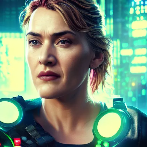 Image similar to kate winslet portrait, cyberpunk 2 0 7 7, cyberpunk judy alvarez, photorealistic, ultra detailed, neon, octane, bokeh, cinematic lighting, cyber, cyberpunk city, studio quality, feature, scars, cyberface, 8 k