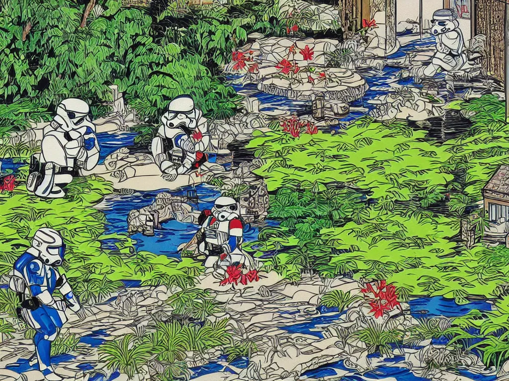 Prompt: super - detailed close - up image of the japanese home with a garden and pond, 2 stormtroopers sitting around it, in style of pop - art, andy warho style, roy lichtenstein style, jackie tsa stylei, bright palette, acrylic on canvas