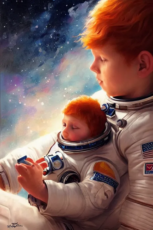 Image similar to a little boy with ginger hair floating in space, surrounded by stars. he is an astronaut, wearing a space suit. clean elegant painting, beautiful detailed face. by raymond swanland and artgerm and greg rutkowski