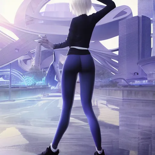 Prompt: platinum - blonde - haired bob cut blue - eyed princess wearing white leggings and black jacket, standing next to communist monument, futuristic city, anime, hd anime wallpaper, hyperrealistic lighting, octane render, volumetric lighting, drawn by artgerm