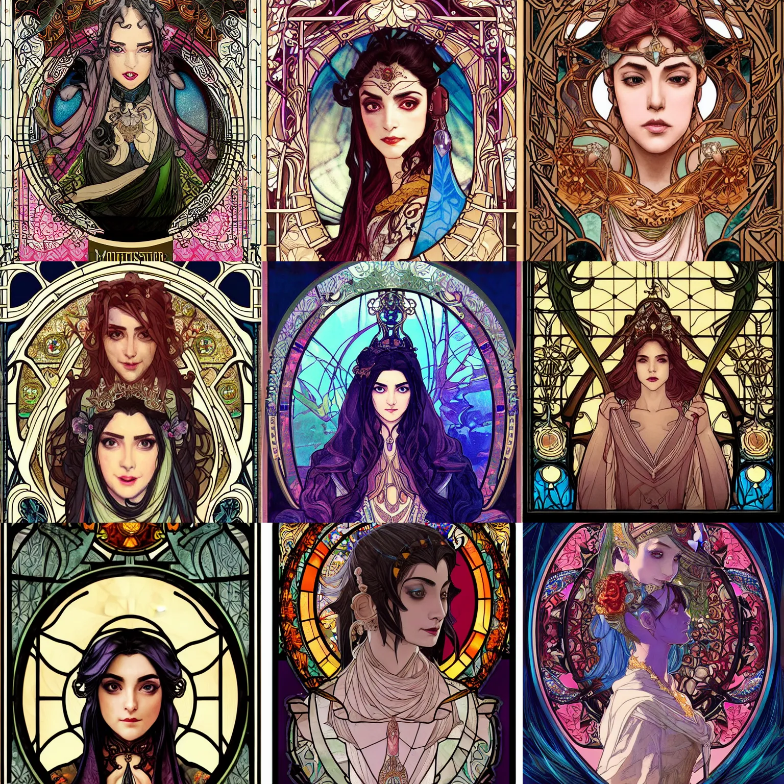 Prompt: masterpiece head-on symmetrical centered bust-view portrait, Maya Ali as D&D sorcerer, Art Nouveau stained glass, wizard robe, fantasy, delicate, elegant, tarot card background, in the style of ROSSDRAWS and Jesper Ejsing and Ruan Jia and Ross Tran and Alphonse Mucha and Ayami Kojima and Charlie Bowater and Karol Bak and Jean Delville, rich bright colours