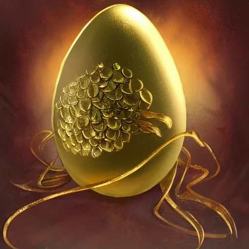 Image similar to an elaborate dragon egg emerging from the blossom of a metallic gold flower with tendrils of gold wrapping around the egg, fantasy concept art