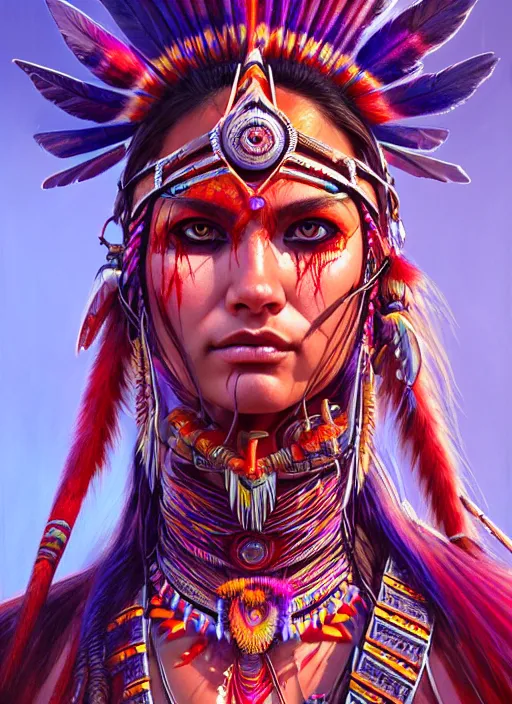 Prompt: hyper detailed ultra sharp cherokee shaman warrior trance girl. trending on artstation, warpaint aesthetic, bloodwave, colorful, psychedelic, ornate, intricate, digital painting, concept art, smooth, sharp focus, illustration, art by artgerm and greg rutkowski and h. r. giger, 8 k