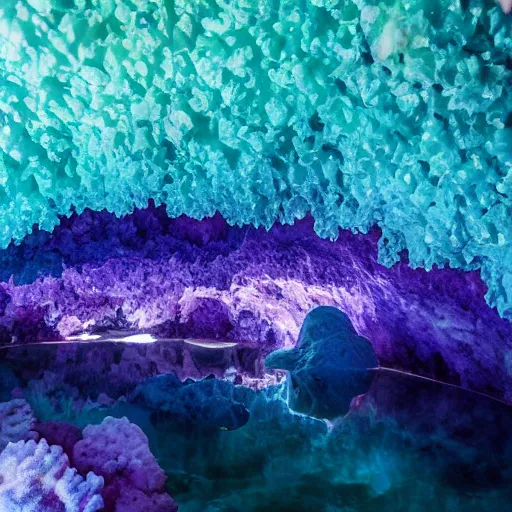 Image similar to photo inside an amethyst cave with a hot spring and coral reef