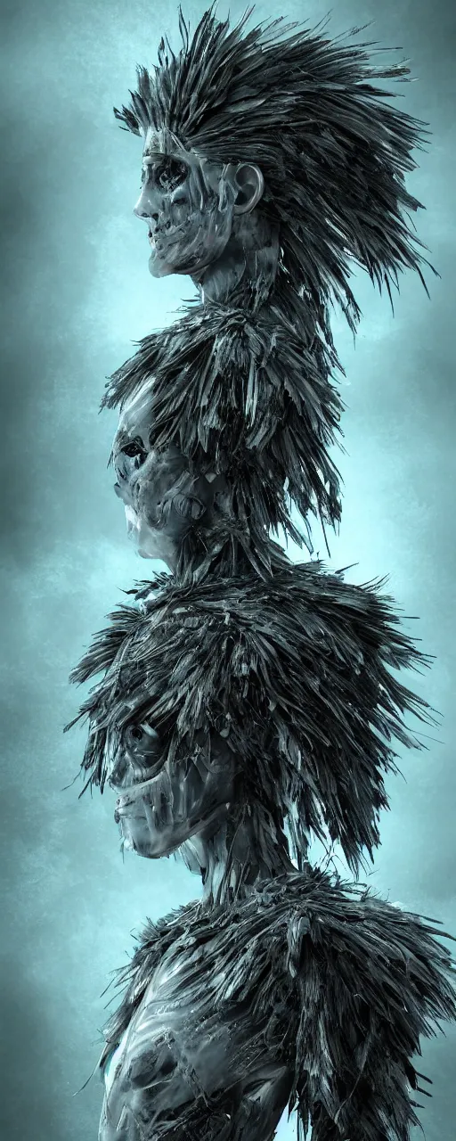 Prompt: a warrior wearing an armor made of feathers, strange energy emitting through body, scars on face, volumetric lighting, scary eyes, digital art,