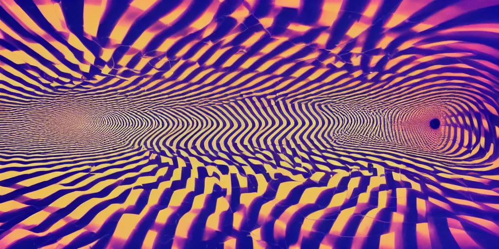 Prompt: a trippy photo of a wideshot of a person going through different interentangled timelines, hoping to one day get out of this space op art, usual color setting