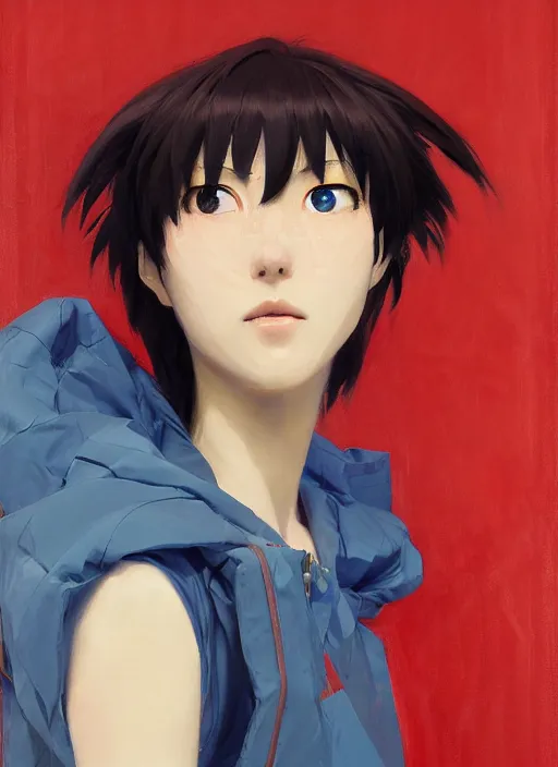 Prompt: portrait of Asuka Soryu from Evangelion, countryside, calm, fantasy character portrait, dynamic pose, above view, sunny day, thunder clouds in the sky, artwork by Jeremy Lipkin and Giuseppe Dangelico Pino and Michael Garmash and Rob Rey, very coherent asymmetrical artwork, sharp edges, perfect face, simple form, 100mm