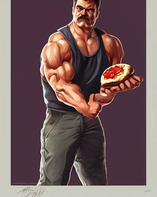 Prompt: gigachad ron swanson bodybuilder holding a pizza in final fight office by ilya kuvshinov, ernest khalimov body by krista sudmalis, fantasy character portrait, ultra realistic, concept art, intricate details, elegent, digital painting, smooth, sharp focus, illustration, art by artgerm and greg rutkowski and alphonse mucha, artstation