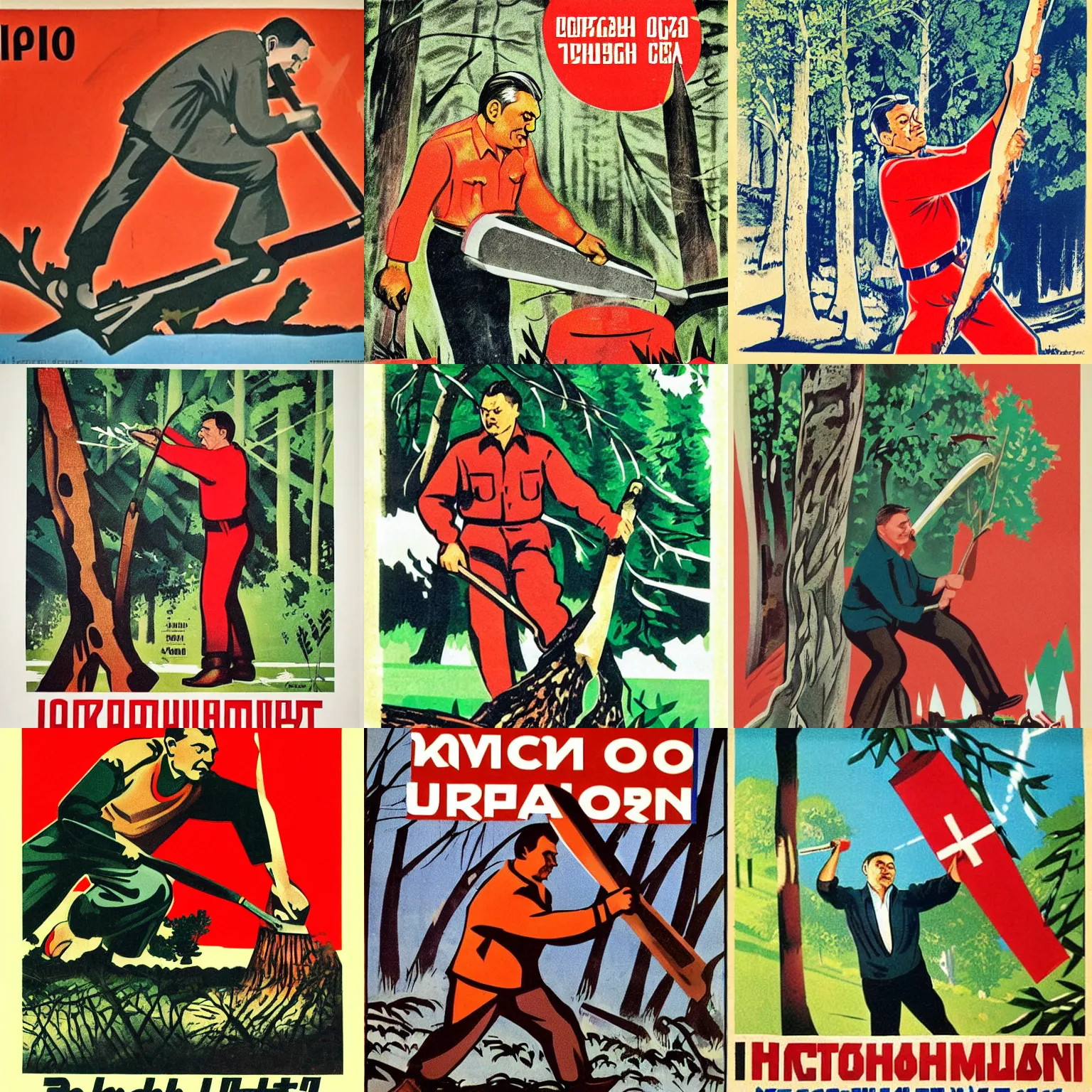 Prompt: soviet propaganda poster of viktor orban chopping a tree, forest in the background