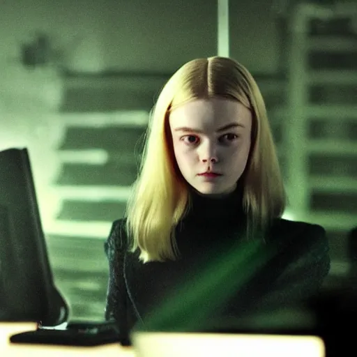 Image similar to Elle Fanning hacking a computer, matrix style, dramatic green lighting, oil painting