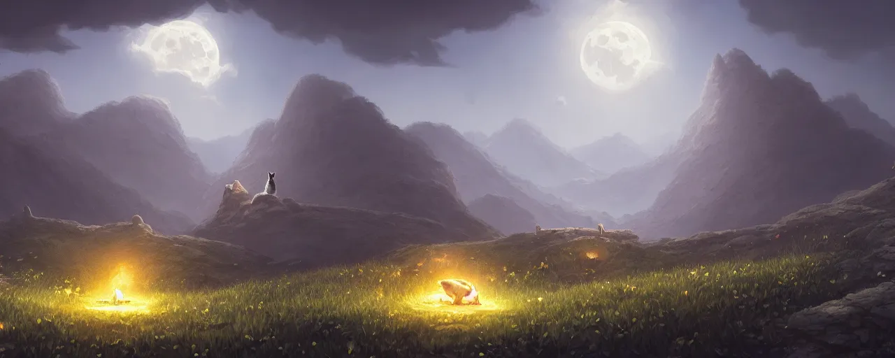 Image similar to cat on the moon, ghibli landscape illustration close floral clearing and mountains in the background, deep focus, d & d, fantasy, intricate, elegant, highly detailed, digital painting, artstation, concept art, matte, sharp focus, illustration, hearthstone, art by fire watch game and greg rutkowski, no characters