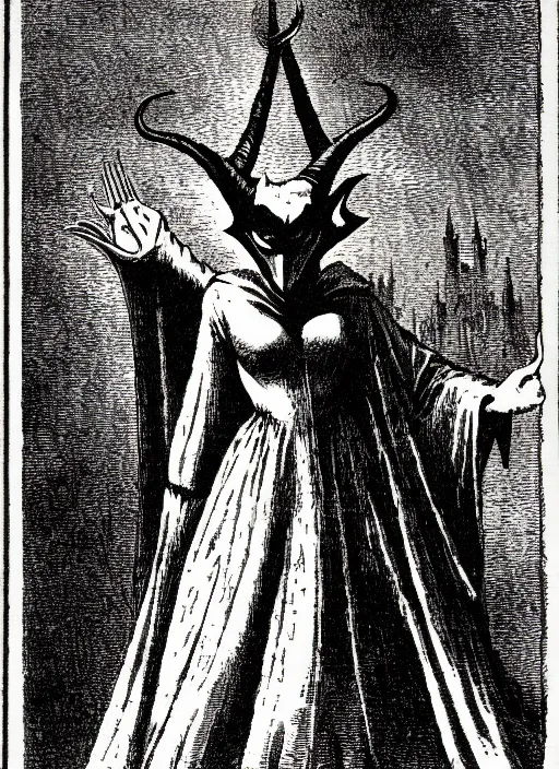 Image similar to maleficent as a demon from the dictionarre infernal, etching by louis le breton, 1 8 6 9, 1 2 0 0 dpi scan, ultrasharp detail, clean scan