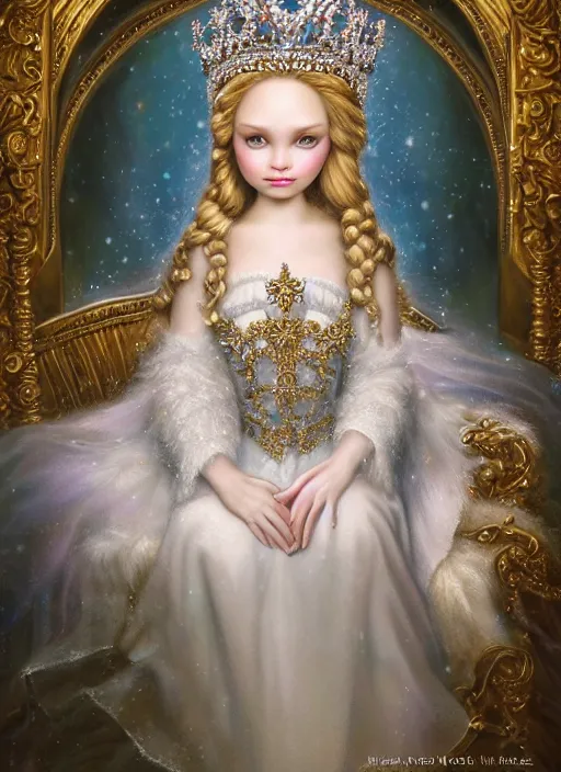 Image similar to highly detailed closeup portrait of a snow, ice princess wearing a crown and sitting on a throne, nicoletta ceccoli, mark ryden, lostfish, earl nore, global illumination, god rays, detailed and intricate environment