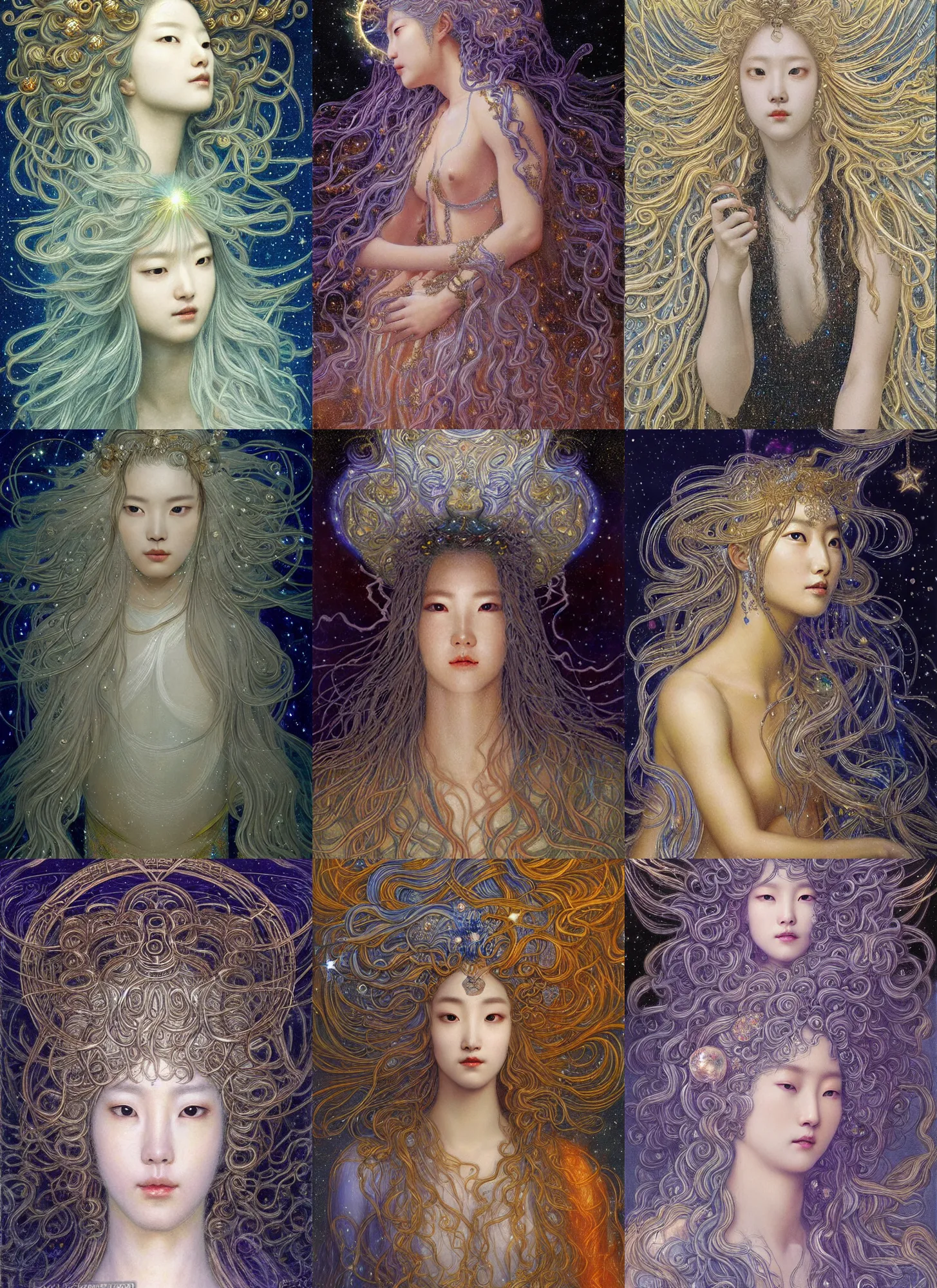 Prompt: baroque neoclassicist portrait of hoyeon jung as a beautiful jupiter goddess with stars in her flowing hair, reflective detailed textures, glittering multiversal ornaments, scifi painting by jean delville, dramatic lighting, gleaming silver and soft rich colors