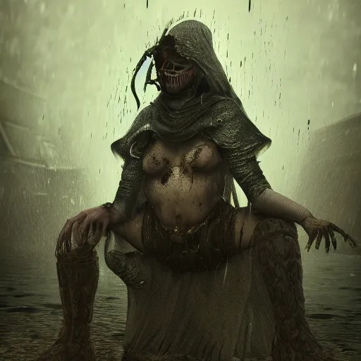 Prompt: Elana, the Squalid Queen boss from dark souls 2 sitting near a dead man, evening time, heavy rain, rain water reflections in ground, digital illustration, crisp details, highly detailed art, 8k image quality, full body camera shot