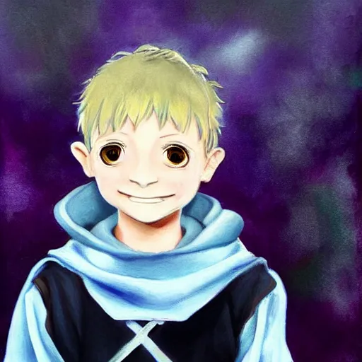 Image similar to little boy wearing nun outfit, blonde hair, light blue eyes. purple and black color palate, detailed soft painting, made in abyss art style, anatomically correct