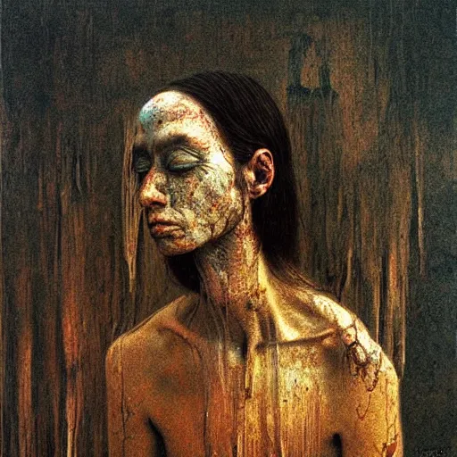 Prompt: portrait of 3000 years old girl, painting by Beksinski